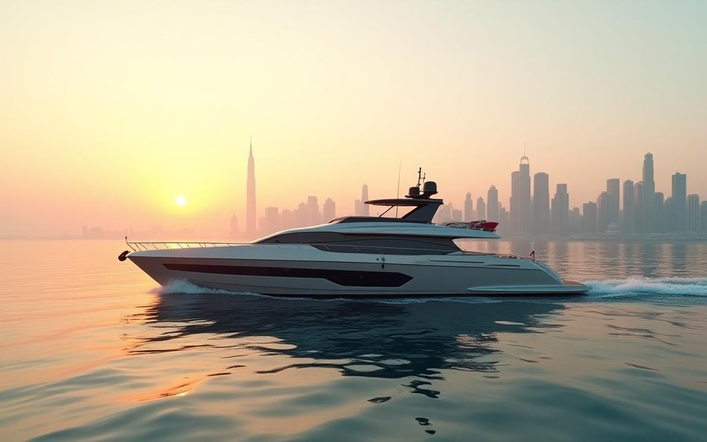 Luxury yacht cruising in front of the Dubai skyline at sunset